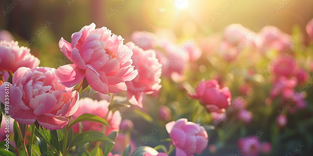 Beautiful colorful peonies blossoming in a garden on sunny spring day.