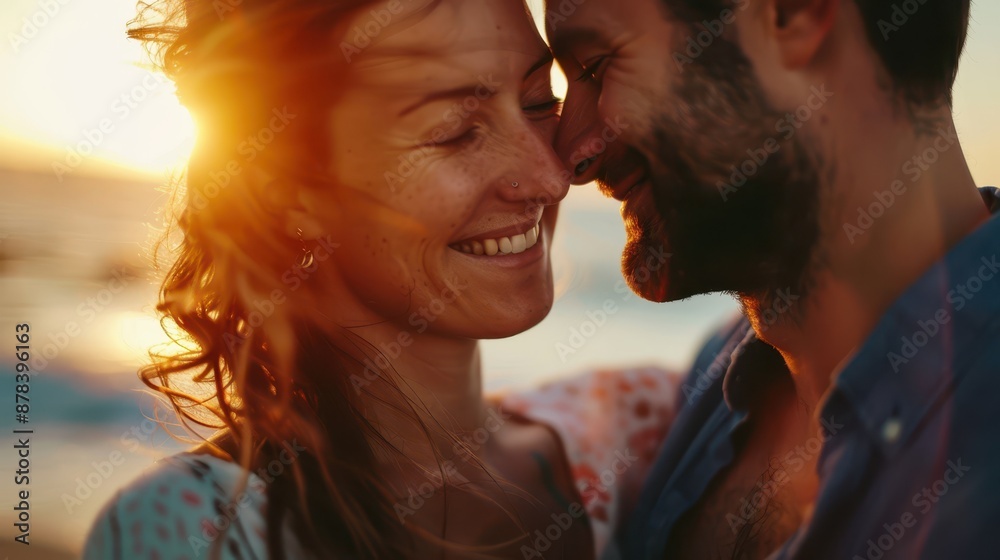 A detailed close-up of a loving couple, one giving a tender cheek kiss, joyful expressions, faces lit with happiness