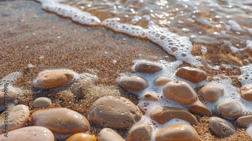 Smooth pebbles lie on a sandy shore as gentle sea foam washes over them, captured beautifully in the morning light, showcasing nature's harmony and peacefulness.