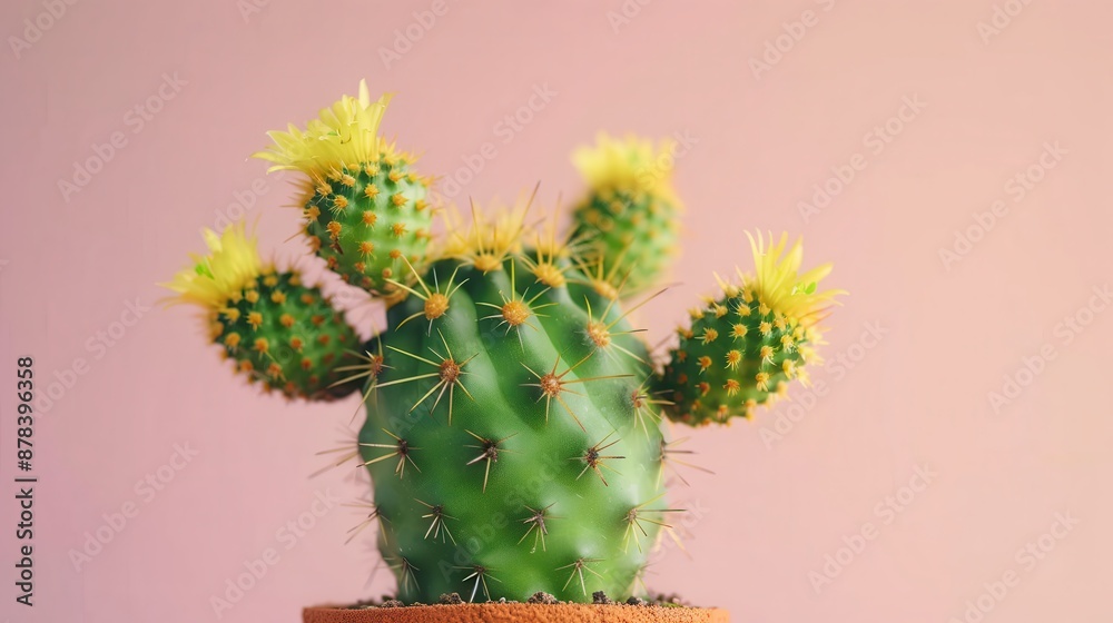 A small cactus, adorned with yellow flowers, sits in a pot against a pastel pink backdrop, combining a charming natural element with a minimalist, modern aesthetic. A small cactus, adorned with yellow flowers, sits in a pot against a pastel pink backdrop, combining a charming natural element with a minimalist, modern aesthetic.