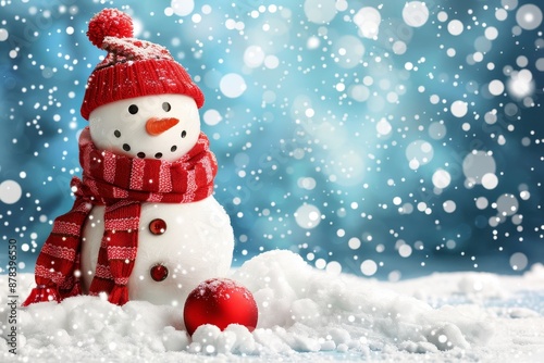 Joyful snowman in whimsical winter setting with snowy background, christmas landscape