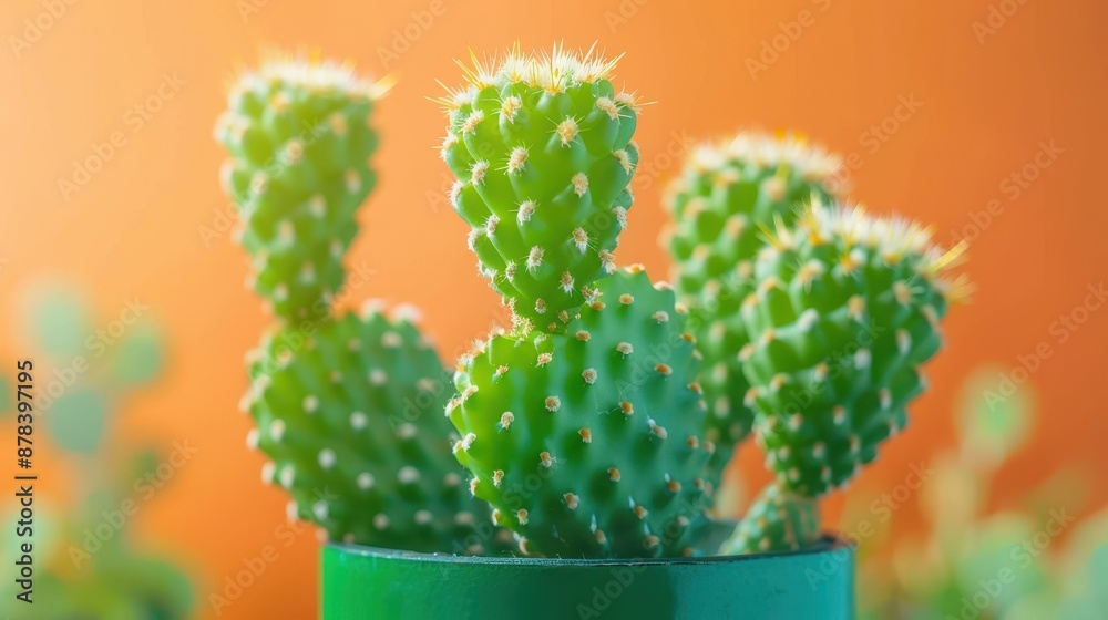 A vibrant close-up image featuring a green cactus planted in a pot, set against an orange background, capturing the simplicity and beauty of desert flora. A vibrant close-up image featuring a green cactus planted in a pot, set against an orange background, capturing the simplicity and beauty of desert flora.