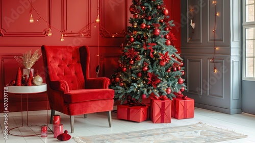 An elegantly decorated room for Christmas with a red armchair, beautifully adorned tree, and neatly wrapped presents, illustrating a cozy and festive holiday environment.
