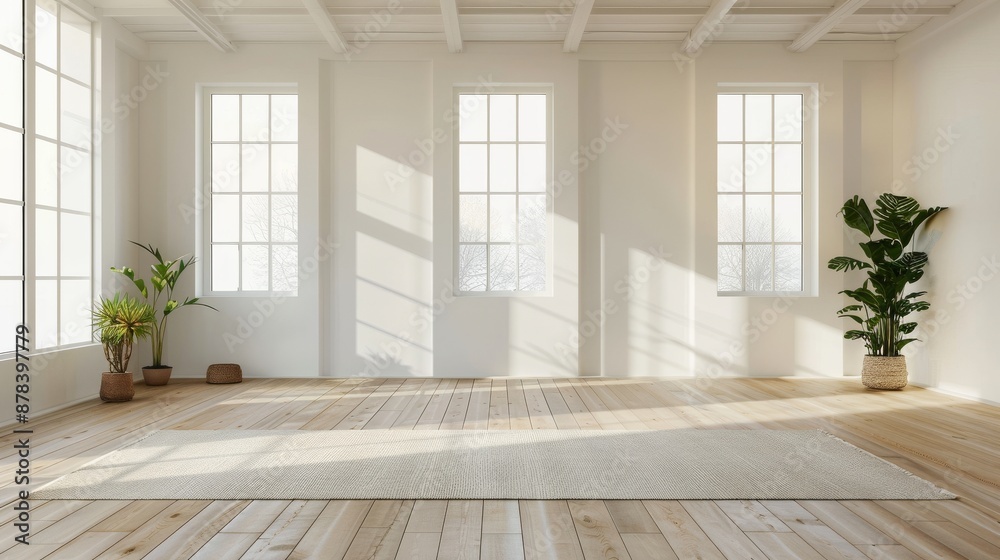 Fototapeta premium Empty white room with large windows and wooden floors, sunlight streaming through. Minimalist design perfect for home decor or lifestyle photography.