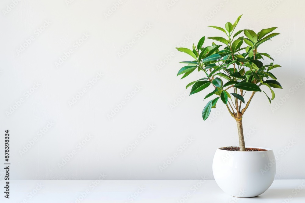 A simple leafy plant stands calmly in a smooth white pot placed on a plain white surface, radiating simplicity and creating a peaceful and minimalistic environment. A simple leafy plant stands calmly in a smooth white pot placed on a plain white surface, radiating simplicity and creating a peaceful and minimalistic environment.