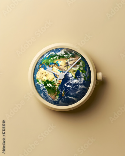 The earth as a clock on a beige background, front view, close-up, minimalistic. 