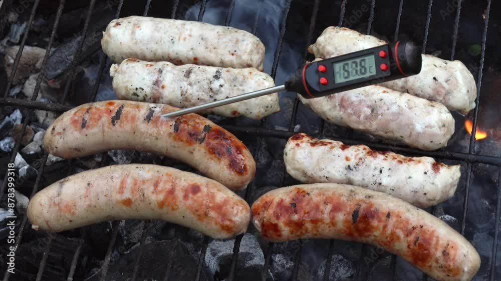 Person removing digital thermometer with Celsius scale from the grilled sausage on barbecue after checking temperature inside Person removing digital thermometer with Celsius scale from the grilled sausage on barbecue after checking temperature inside