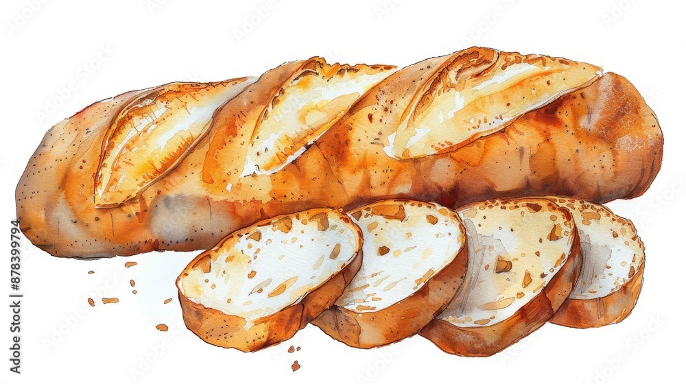 A detailed illustration of a freshly baked loaf of bread, highlighting the texture and rich golden color, accompanied by several slices that show the soft interior. A detailed illustration of a freshly baked loaf of bread, highlighting the texture and rich golden color, accompanied by several slices that show the soft interior.