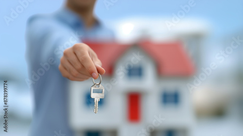 Man smiling blue shirt holds key new toy home deal real estate purchase finance