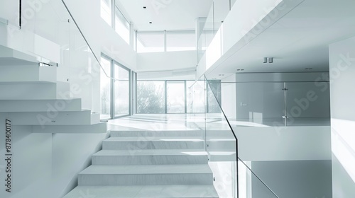 Modern white staircase with glass railing in a minimalist interior. © Pornarun