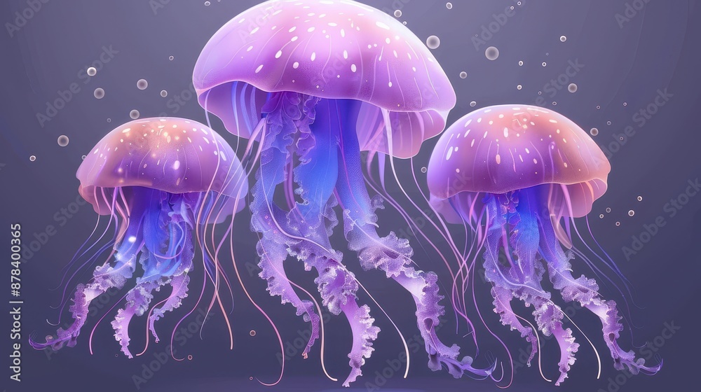 This image features three stunning jellyfish calmly drifting in tranquil oceanic waters, bathed in soft light, producing a serene and captivating underwater spectacle.