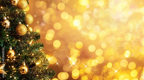Festive Christmas tree with blurred sparkling lights and decorations on a yellow background