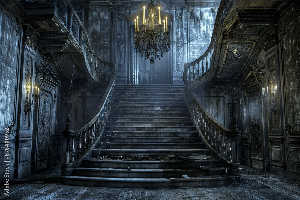 Enigmatic atmosphere inside an abandoned house with wooden flooring, staircase, and candlelight Enigmatic atmosphere inside an abandoned house with wooden flooring, staircase, and candlelight