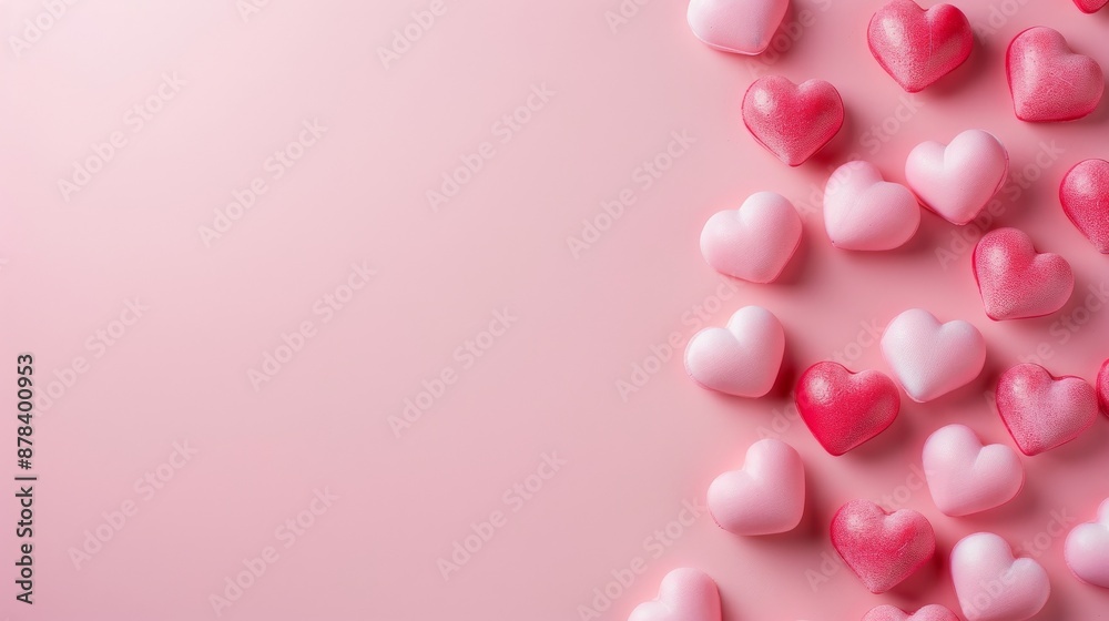 Pink and red heart-shaped candies arranged on a light pink background. Copy space on the left. Valentine's Day concept. Pink and red heart-shaped candies arranged on a light pink background. Copy space on the left. Valentine's Day concept.