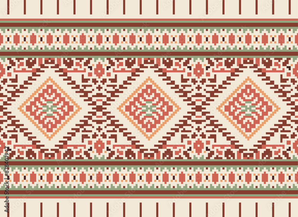 Fototapeta premium Pixel ethnic pattern oriental traditional. design fabric pattern textile African Indonesian Indian seamless Aztec style abstract vector illustration for print clothing, texture, fabric, wallpaper, 