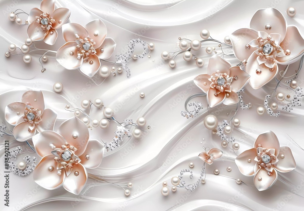 3d wallpaper background with jewelry, pearls and diamonds, floral swirls on light grey backdrop, elegant and luxurious wall art design for decoration of interior space 3d wallpaper background with jewelry, pearls and diamonds, floral swirls on light grey backdrop, elegant and luxurious wall art design for decoration of interior space