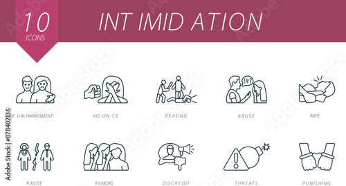 Intimidation icons outline set. Creative icons: sexual harassment, violence, beating, abuse, rape, racist, rumors, discredit, threats, punishing.