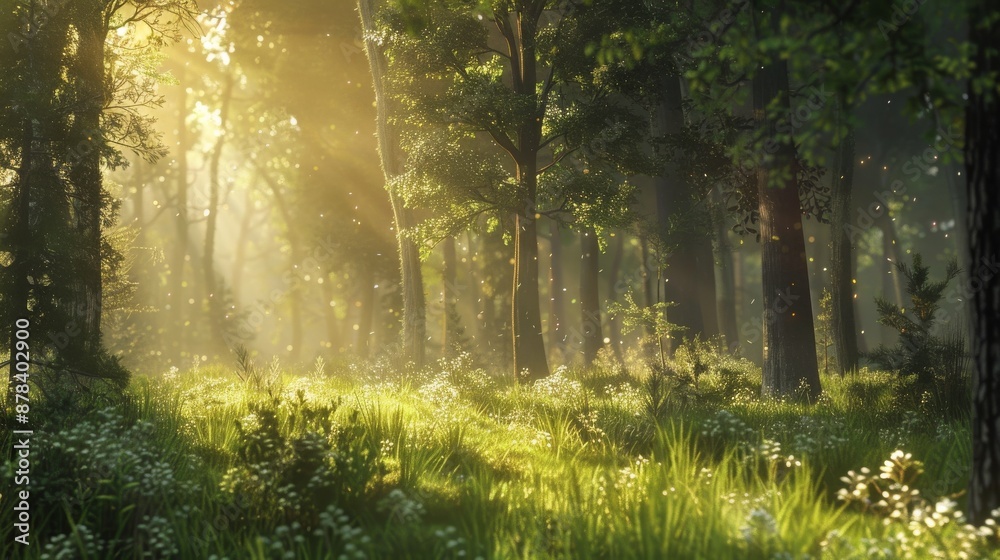 Obraz premium Sunlight streams through the trees in a dense forest, illuminating the lush green undergrowth.