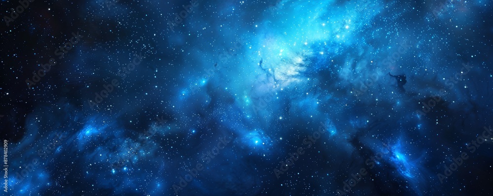 Blue nebula cloud is glowing brightly in deep space, illuminating the surrounding dust and gas clouds with countless stars Blue nebula cloud is glowing brightly in deep space, illuminating the surrounding dust and gas clouds with countless stars