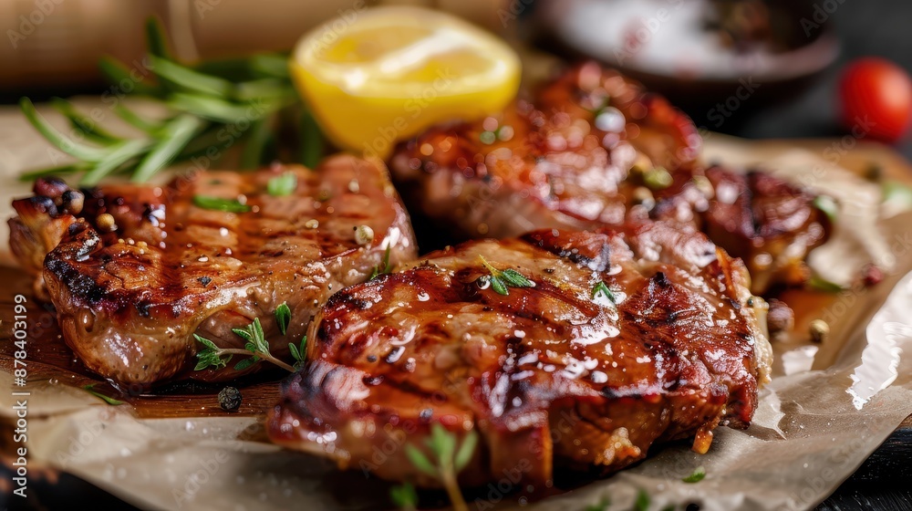 Three grilled steaks garnished with fresh herbs and served with a lemon wedge, creating a mouth-watering display perfect for any gourmet meal or barbecue occasion.