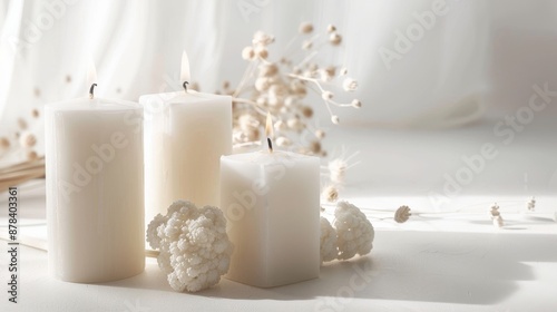 Three white candles and white flowers on a white background with soft lighting. A minimalist, serene scene perfect for relaxation and spa themes.