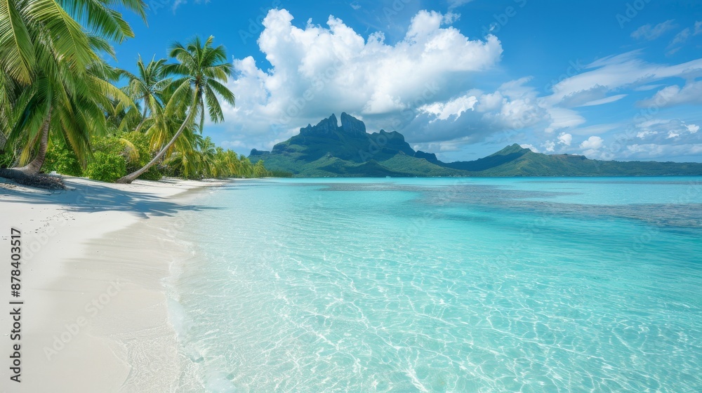 Fototapeta premium Tranquil beach with crystal clear water, palm trees, and a lush green mountain in the background.