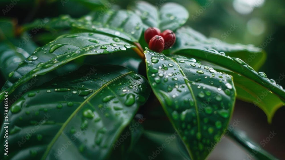 Close-up of coffee plant leaves with raindrops and red coffee cherries.