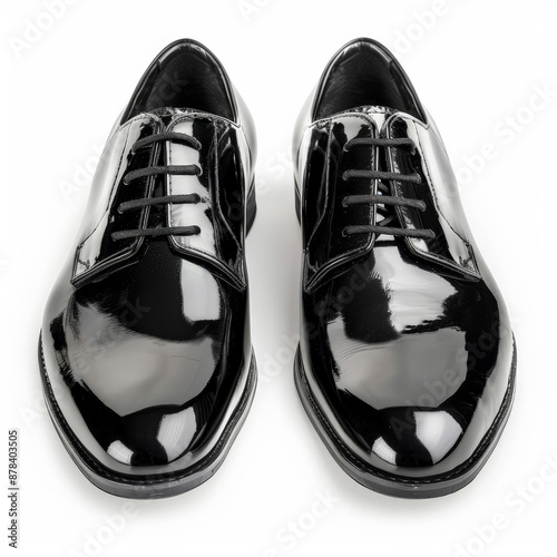 Sleek black patent leather dress shoes with lace-up closure, isolated on white background. photo