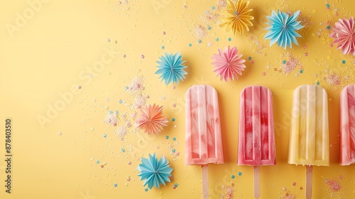 A top view and close shot of popsicles in a clean yellow backdrop with paper craft on it with a big space for text or background, Generative AI. © Noobs