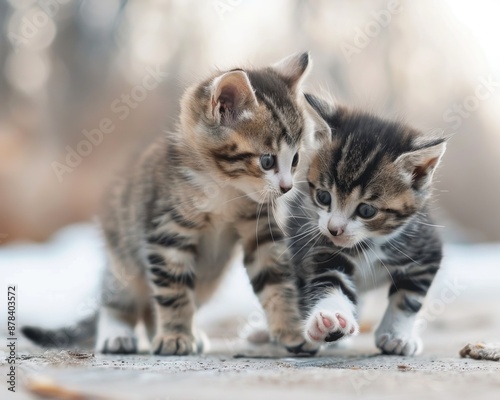 Two adorable tabby kittens playing in the snow. They are looking at each other with playful eyes. © Pornarun