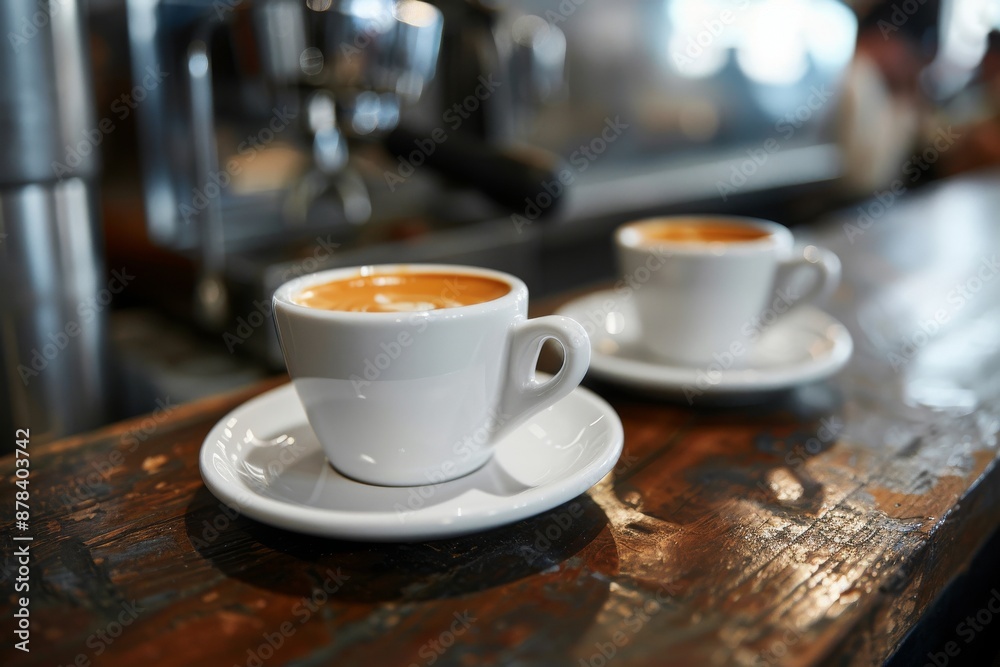 Two cups of freshly brewed coffee on a wooden counter, ready to be served.