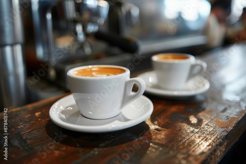 Two cups of freshly brewed coffee on a wooden counter, ready to be served.