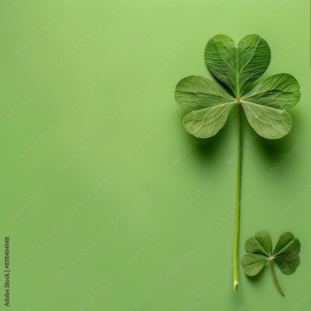 Two shamrocks on a green background. One is larger and vertical, the other is smaller and horizontal. Two shamrocks on a green background. One is larger and vertical, the other is smaller and horizontal.