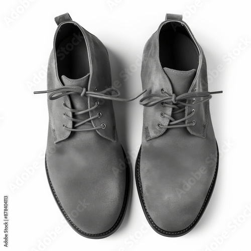 Grey suede chukka boots with round laces, isolated on white background. photo