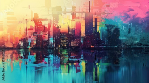 abstract colorful city skyline glitch art style digital illustration