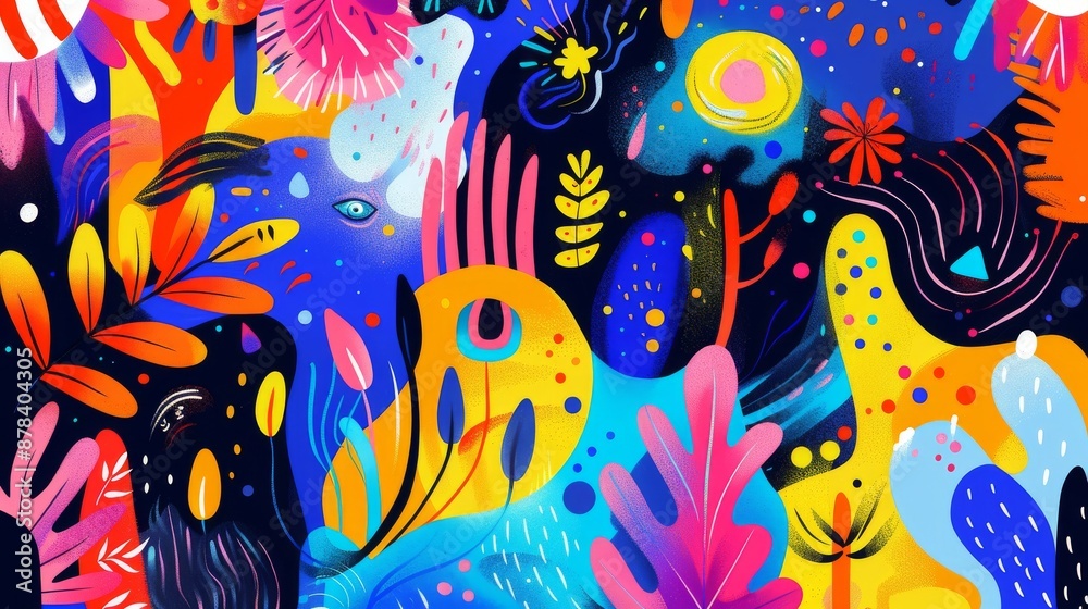 Fototapeta premium Vibrant abstract pattern with colorful shapes, foliage, and celestial elements on a dark background.