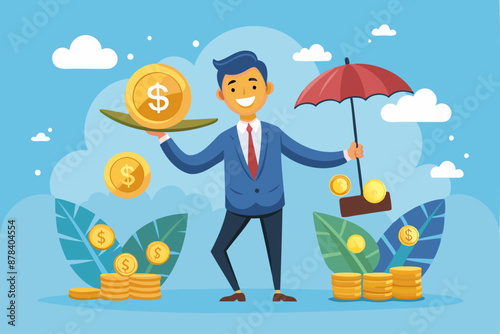 Businessman Balancing on Smile Face and Dollar Coin Stack with Umbrella, Choosing Between Wealth and Happiness