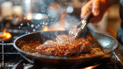 A close-up photograph of a lamb steak being seared in a pan, the chef's hand holding the tongs, sizzling and smoke rising