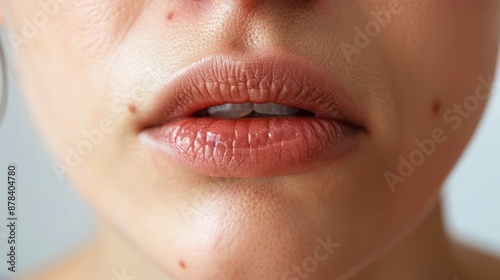 Close up of woman's lips with dry chanic on the upper lip, white background, beauty macro photography photo