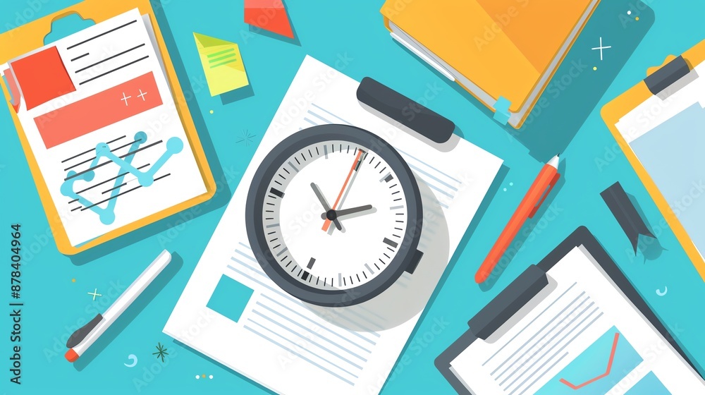 Flat lay image of office desk with clock, documents, laptop, and stationery, representing time management and organization. Flat lay image of office desk with clock, documents, laptop, and stationery, representing time management and organization.