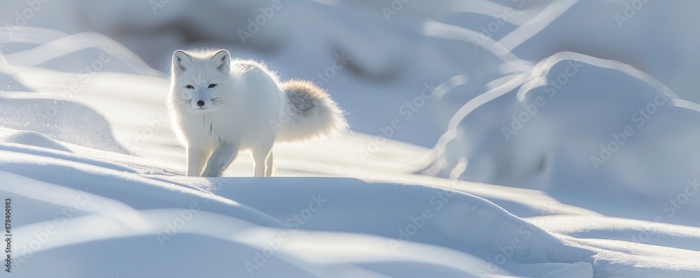 White arctic fox standing in snowy landscape. White arctic fox standing in snowy landscape.
