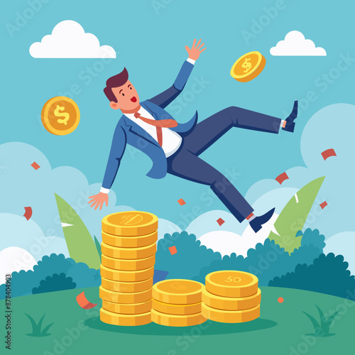 Businessman investor falling from unstable stack of money coins, financial instability and economic recession concept