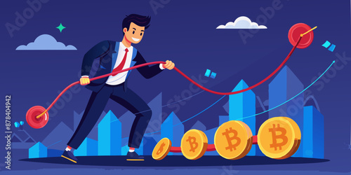 Businessman Manipulating Stock Market with Battle Ropes to Control Cryptocurrency Prices for Investment Profit