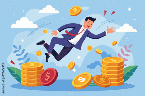Businessman investor falling from unstable stack of money coins, financial instability and economic recession concept