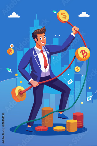 Businessman Manipulating Stock Market with Battle Ropes to Control Cryptocurrency Prices for Investment Profit