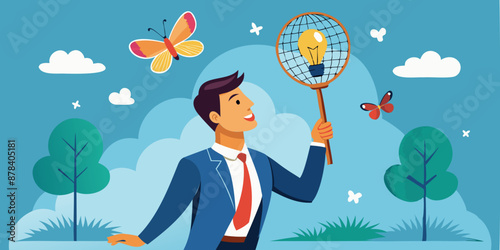 Businessman opens head to catch lightbulb idea with butterfly net, creative thinking and innovation development concept