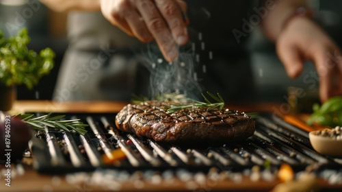 A photographic style of a chef, grilling a steak, close-up view