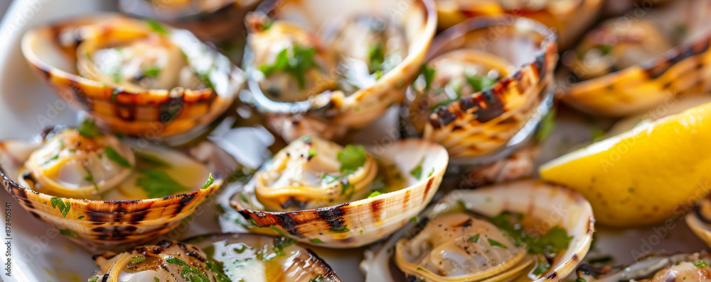 Grilled clams with char marks, with a garlic butter drizzle, garnished with fresh parsley and lemon wedges for a seafood delight. Grilled clams with char marks, with a garlic butter drizzle, garnished with fresh parsley and lemon wedges for a seafood delight.