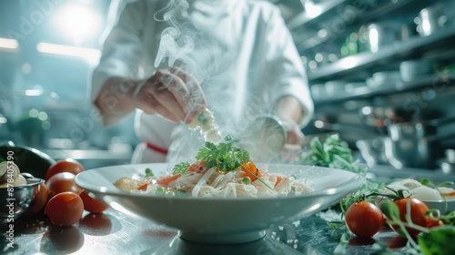 A photographic style of a chef, presenting a luxurious dish, close-up view photo