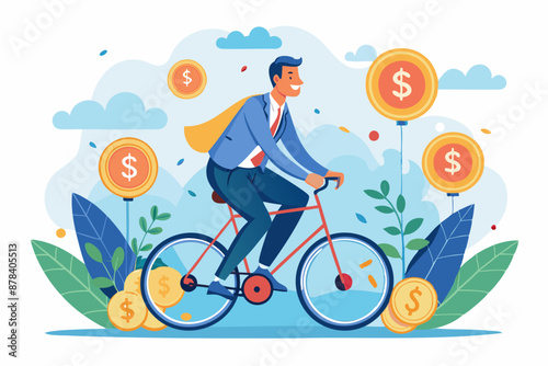 Businessman Riding Bicycle with Dollar and Euro Wheels, Representing Currency Exchange and International Investment Growth